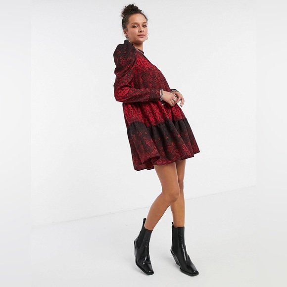 Topshop High Neck Puff Sleeve Mini Dress in Red Print - Picture 1 of 6